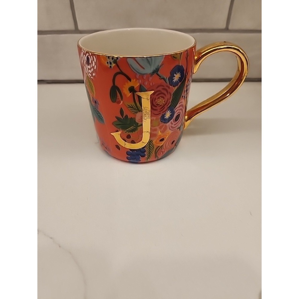 Rifle Paper Company for Anthropologie Garden Party Monogram CoffeeMug Cup Gold J